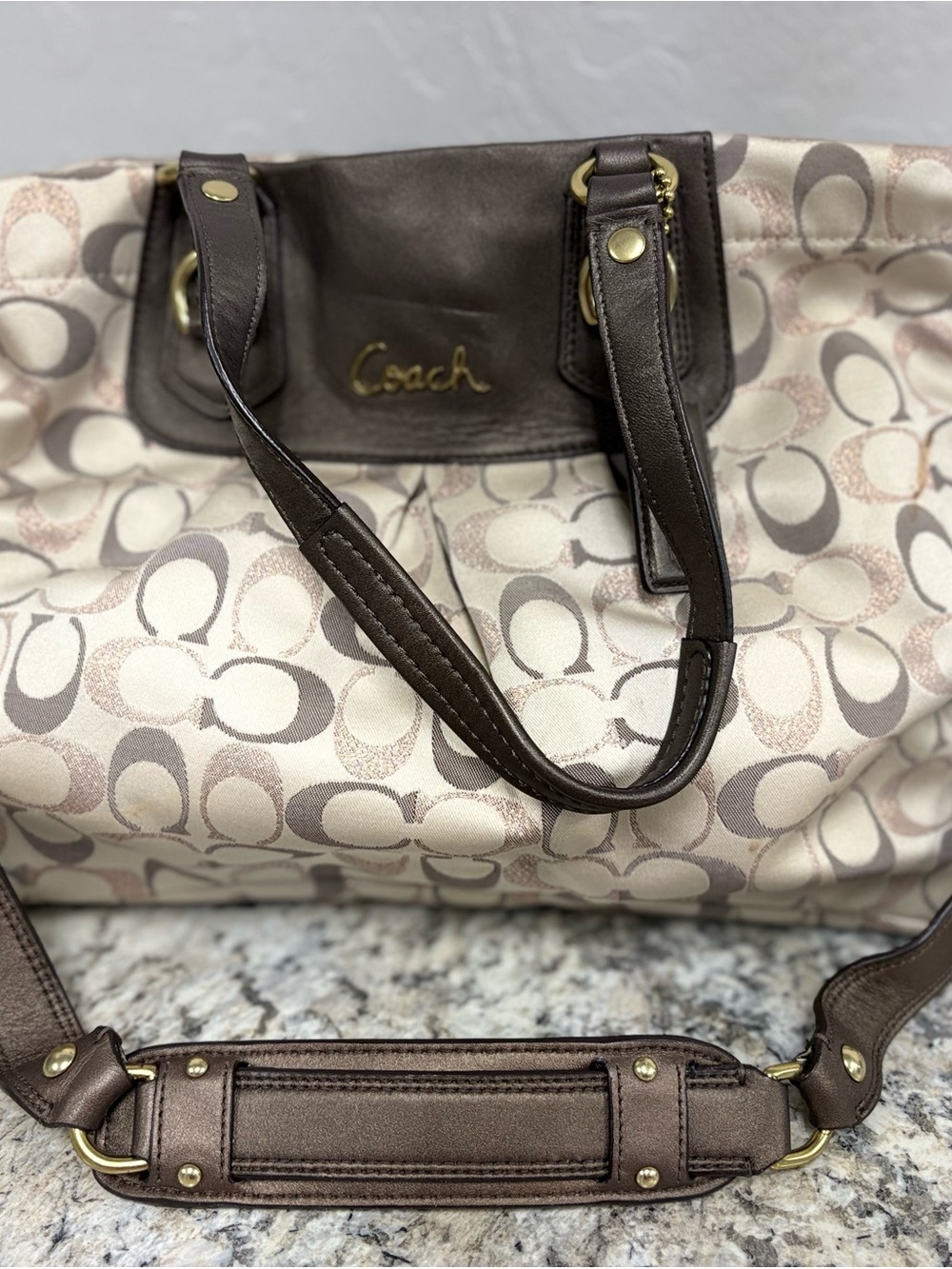 Coach Canvas Tote in Cream, Light Pink and Brown Leather Trim